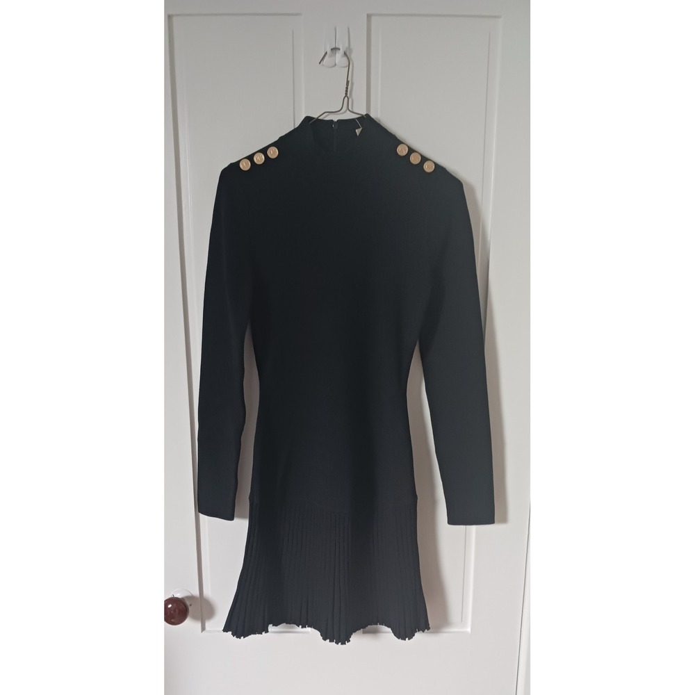 Michael Kors Stretch Black Gold Button Long Sleeve Sweater Minidress